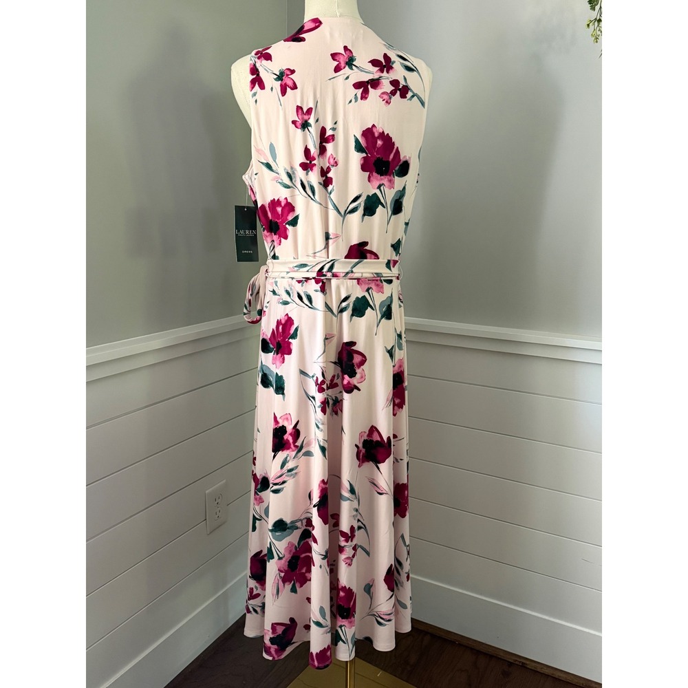 Lauren Ralph Lauren Floral Faux Wrap Dress Midi Derby Garden Party Rose Pink 12 - Picture 3 of 15